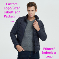 Vente en gros Vestes d'hiver à capuche en nylon noir avec logo personnalisé en plumes de canard chaudes et légères pour l'extérieur Vestes d'hiver rembourrées en duvet pour hommes