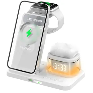 5 In 1 stazione di ricarica Wireless Desktop luce notturna multifunzione orologio digitale Qi 15W caricatore senza fili per il telefono