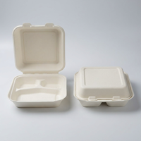 3-delige suikerrietbagasse clamshell voedselbox, biologisch afbreekbaar, composteerbaar, voor afhaalmaaltijden, picknick en kamperen