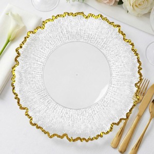 Platos de Presentación Acrílicos Transparentes Personalizados con Borde Dorado, Platos de Presentación con Borde Texturizado Dorado para Decoración de Eventos, Cenas y Bodas - Product Image 1