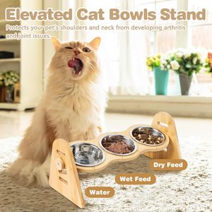 Hauteurs réglables Bol écologique pour animaux de compagnie Bols de nourriture pour chat en bambou surélevés avec 3 bols en acier inoxydable pour petits chiens - Product Image 6
