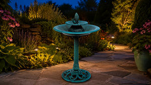 <span class=keywords><strong>Fontaine</strong></span> d'eau extérieure <span class=keywords><strong>solaire</strong></span> en résine écologique, résistante aux intempéries, avec sculpture de oiseaux et de poissons sautant sur piédestal vert antique - Product Image 3