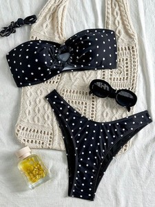 <b>Polka</b> <b>Dot</b> <b>Bikini</b> Set Women Bandeau Removable Shoulder Strap Two‑Piece Swimsuit High Cut Bathing Suit Beach Swimwear Wholesale - Product Image 4