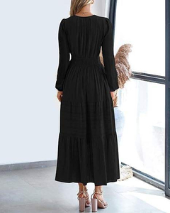 Robe élégante pour femmes à manches longues et col en V, avec taille plissée et ourlet superposé, pour un usage quotidien, robe fluide - Product Image 6