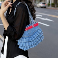 Bolso de mezclilla con volantes a la moda, bolso tote patchwork, bolsos de hombro para llevar bajo el brazo, lindos bolsos hobo con volantes, bolso de jean con correa para mujer
