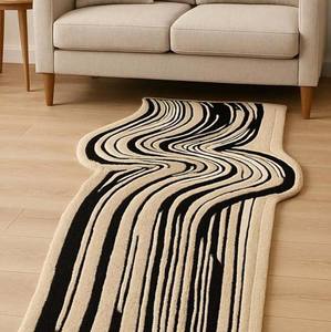 Tapis en laine tufté à la main, abstrait et ondulé, moderne et personnalisé, noir et blanc, pour salon, MOQ 1 pièce, tapis abstrait élégant pour la maison - Product Image 1