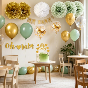 Set de Decoración para Bebé con Pancarta Unisex 'Oh Baby', Farolillos de Papel, Globos de Confeti <span class=keywords><strong>Verde</strong></span> Salvia y Dorado para Bautizo, Cumpleaños y Fondo de Decoración - Product Image 4