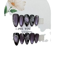 Blnieece – Vente en gros de 10 faux ongles carrés faits à la main en PMMA, motif œil de chat violet avec nœuds, avec boîte en acrylique pour femmes