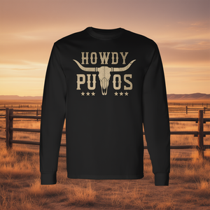 Camiseta de manga larga Howdy Putos Bull Skull, diseño retro vintage de vaquero campestre - Product Image 3