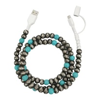 Câble USB-C Tendance Vintage Turquoise Perlé avec Cristaux et Perles Navajo Lisses en Argent pour Chargement Rapide d'Ordinateur