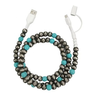 Cable USB de Perlas de Plata Lisas con Cuentas de Turquesa Vintage y Cristales de Piedras Preciosas Estilo Navajo, Cargador Disponible en Stock - Product Image 1