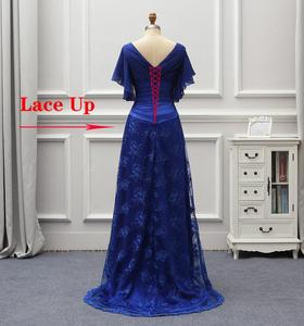 Elegante Abito Lungo Formale Blu Reale in Pizzo e Chiffon per Madre della Sposa, Scollo <span class=keywords><strong>a</strong></span> V, Maniche Corte, per Matrimonio - Product Image 4