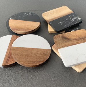 大理石アカシア割石スレートと木製彫刻昇華転写ローラーティーカップコースターホルダーセット、ドリンク用正方形・丸型 - Product Image 4