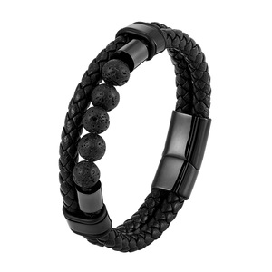 Bracelet en cuir tressé double couche pour homme avec perles en pierre de lave et fermoir magnétique en acier inoxydable PVD Gunblack - Product Image 1