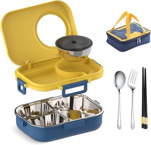 Kotak Makan Siang Bento Stainless Steel 3 Kompartemen Tiffin Anak-anak Dewasa dengan Mangkuk Sup Kotak Makan Siang Sekolah Set Aman untuk Pencuci Piring