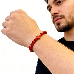 Cross <b>Bracelet</b> <b>Red</b> Volcanic Stone Elastic Yoga Bangle Unisex Jewelry YM-0238 - Product Image 2