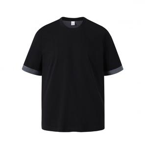 T-shirt en jersey de coton noir surdimensionné pour homme, manches courtes, col rond, coupe décontractée, couleur unie, tricoté, teint uni - Product Image 3