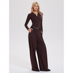 FOXA Women's 2 Piece <b>Matching</b> Set <b>Long</b> Sleeve Henley Top Wide Leg Pants Slim Fit Casual Outfit All Seasons Breathable Knitted - Product Image 5