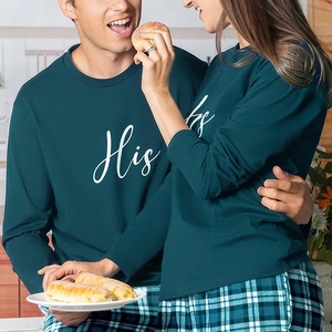 Conjunto de pijama de pareja personalizado, pantalones a cuadros de franela de algodón, conjuntos de ropa de descanso de manga larga - Product Image 3