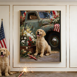 <span class=keywords><strong>ภาพ</strong></span><span class=keywords><strong>วาด</strong></span>บนผื<span class=keywords><strong>น</strong></span>ผ้าใบติดกรอบลายธงชาติอเมริกา รูปสุนัขและดอกไม้ สำหรับตกแต่งบ้านสไตล์ฟาร์มเฮาส์ - Product Image 2