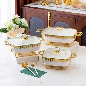 Rectangular ceramic casserole pot baking dish tableware candle fire heating hotel dry soup pot with golden rack