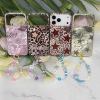 Coque de téléphone imprimée léopard étoilé pour Samsung S26 S25 S22 A36, étui de protection avec sangle perlée pour iPhone 17/16/15/14/11 Pro Max