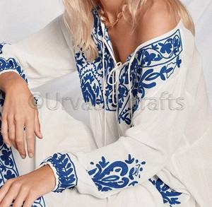 Newest Wholesale Collection Blue and White Embroidered Bohemian Long Sleeves Boho Maxi <b>Dress</b> - Product Image 6