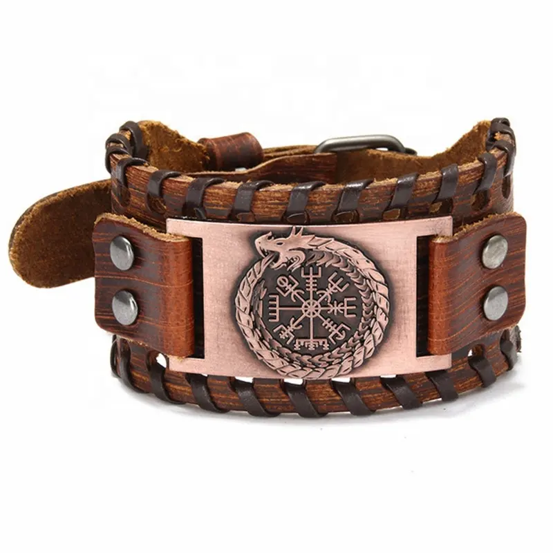 Men's Wide Leather Cuff Bracelet Wristband Adjustable Viking Compass Bracelet North Viking Dragon Bracelet For Men