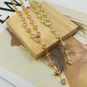 Coreano de lujo Rosa melocotón corazón diamante colgante collar circón tenis cadena gargantilla collares nupcial boda joyería conjuntos - Product Image 3