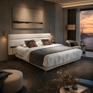 White Genuine Leather Upholstered <b>Bed</b> with Extra Wide Panel Headboard and Stainless Steel Legs <b>Bed</b> <b>Frame</b> for Modern Bedroom - Product Image 3