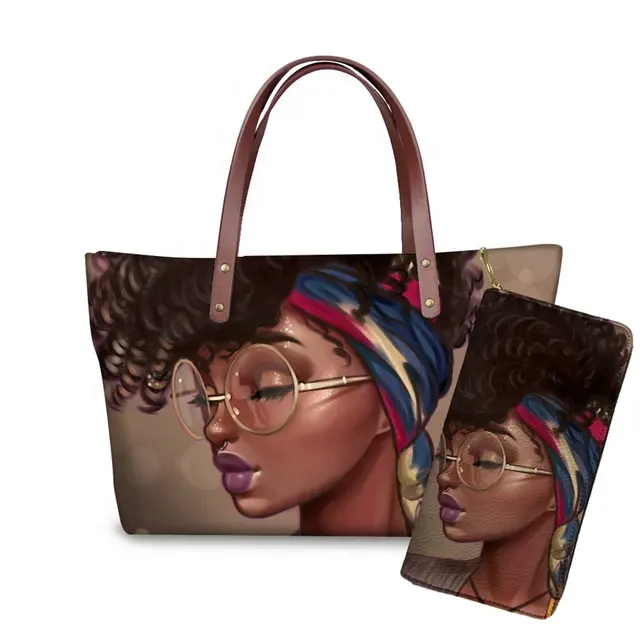 2pcs Handtaschen Set Frauen Schwarze Kunst Afro amerikaner Mädchen Drucken Strand taschen Damen Handtasche Geldbörse Frauen Totes