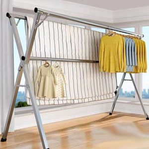 3-Rod Folding <strong>Telescopic</strong> Modern <strong>Clothes</strong> Rack Floor-Standing Galvanize Steel <strong>Rail</strong> for Indoor Balcony Living Room Outdoor - Product Image 4