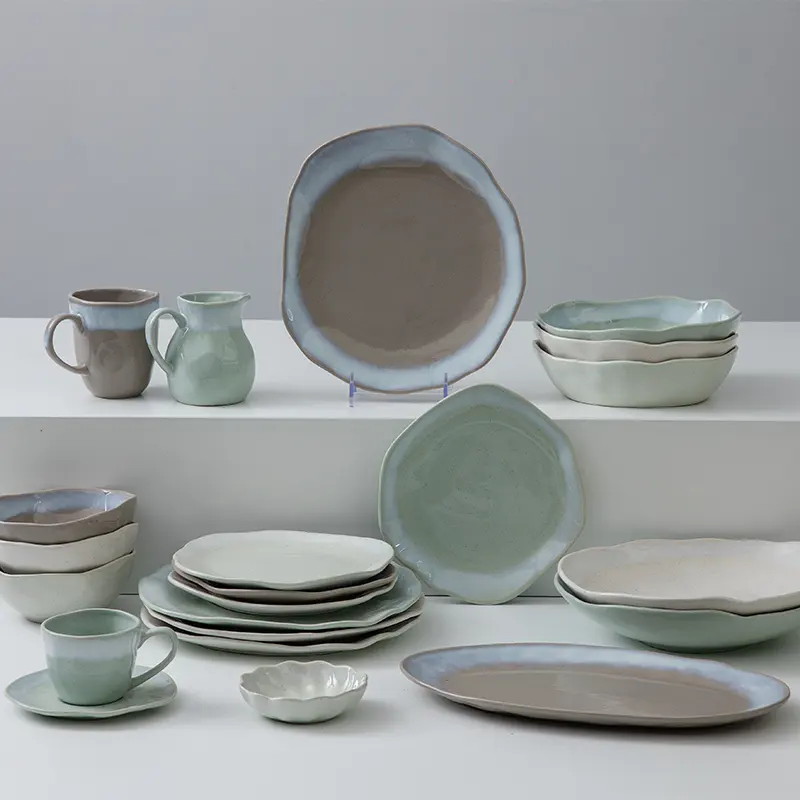 EKA High quality Ceramic Dinnerware Set Irregular Shape with Elegant Gloss 12/16/18 pcs Stoneware Dinner Set