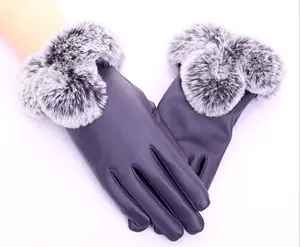 Pu téléphone portable écran tactile gants automne hiver chaud lapin fourrure mitaines femmes dame hommes noir cuir gants - Product Image 1
