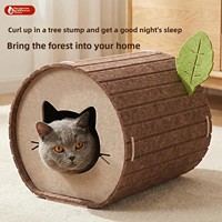 Lit pour chat en forme de souche d'arbre en feutre semi-fermé, offrant sécurité et confort toute l'année, avec griffoir intégré et niche de couchage
