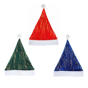 Nuova Decorazione Natalizia, Cappello di Natale in Peluche Corto <span class=keywords><strong>Rosso</strong></span>, Verde e Blu con Bordi Dorati in Rilievo - Product Image 3