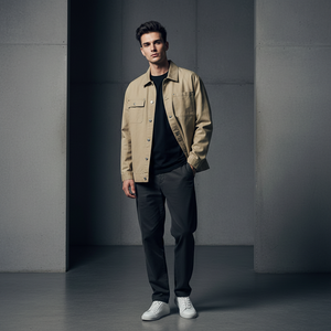 Nouvelle veste cargo en sergé pour homme Printemps 2026, style streetwear rétro américain, multi-poches, col rabattu uni, en coton - Product Image 1