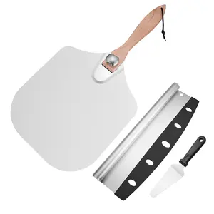 Aluminum kitchen pizza transfer peeling spatula with collapsible handle Oven accessory with wooden handle cutter