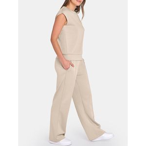 FOXA Women Two Piece Set Sleeveless O Neck <b>Top</b> Wide Leg Pants Breathable Knitted Casual Summer Outfit - Product Image 4