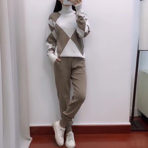 Yeni rahat örgü ekose balıkçı yaka kazak pantolon kadın 2 parça Set Sehe moda - Product Image 6