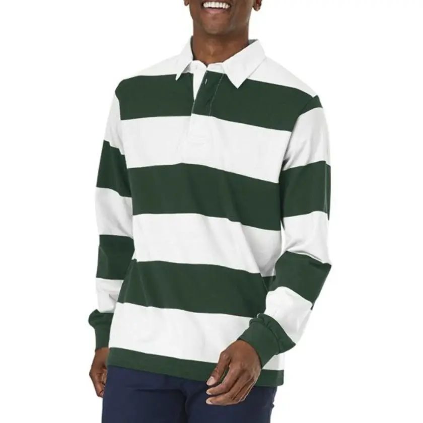 Mens Rugby Polo Shirt Long Sleeve Stripe T-Shirt Pure Cotton Jersey Twill Collar Casual Shirt