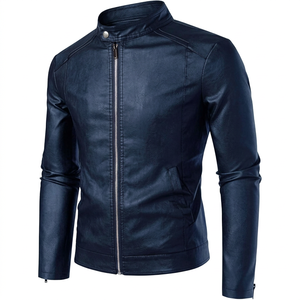 Veste en cuir de vache véritable pour homme, col montant, veste en cuir bleu marine personnalisée, veste en cuir décontractée à fermeture éclair, veste de moto en cuir - Product Image 2