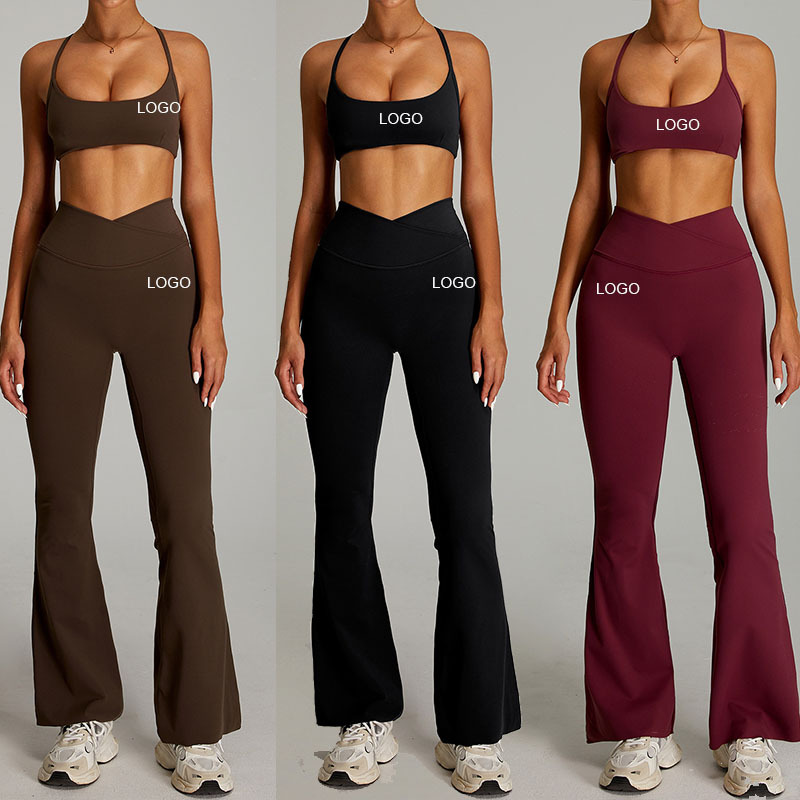Women's High-Waist Quick-Drying Fitness Set Nude Yoga Clothing for Outdoor Sports Running Cross-Over Tight-Fitting Solid Pattern