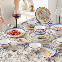 Ensemble de bols en céramique de style japonais, motif végétal bohème créatif, couleur sous-glaçure, vente en gros, bols, assiettes, plats, vaisselle