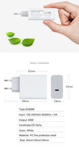 60W EU <b>Plug</b> <b>USB</b>-C PD Quick Charger Portable <b>Wall</b> Charger for Mobile Phone & Laptop - Product Image 6