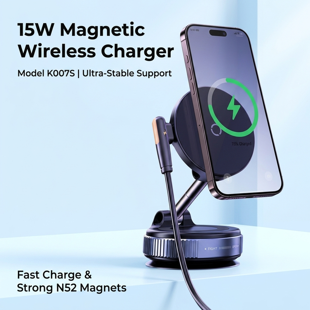 15W Magnetic Wireless Car Charger | Vacuum Suction 3-Axis Rotation | N52 Magnet Zinc Alloy Stand | K007S Fast Charging Holder