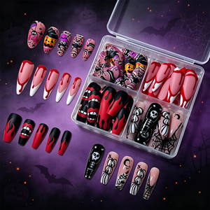 96 pièces <span class=keywords><strong>Faux</strong></span> <span class=keywords><strong>ongles</strong></span> à presser Halloween Gothique Goutte de sang, modèles mixtes : longs, forme Stiletto, Cercueil, Crâne, Toile d'araignée, Flamme, pour manucure - Product Image 4