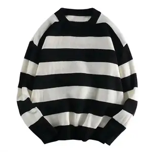 Men's casual striped knitted sweater top tear resistant long sleeved sweater loose and warm and soft