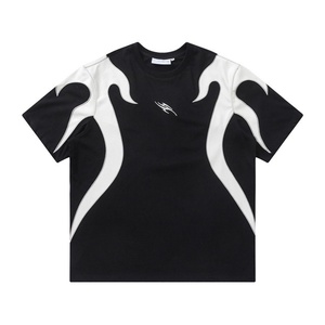 Summer New Arrival Cool Fashion Streetwear Men's 100% Cotton Short Sleeve T-<b>Shirt</b> Leather-Patched <b>Flame</b> Totem Embroidered Print - Product Image 1