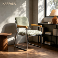 Fauteuil cantilever moderne du milieu du siècle, structure chromée, tissu à motifs vert sauge, accoudoirs en bois pour salon, bureau, café